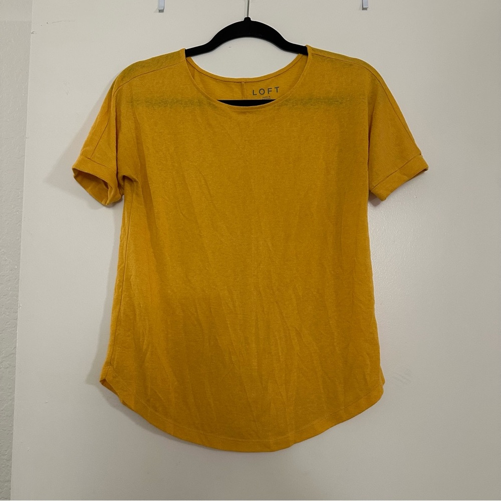 Loft Ann Taylor Mustard Burnout Fabric Crewneck Cuffed Shirt Short Sleeve XSP